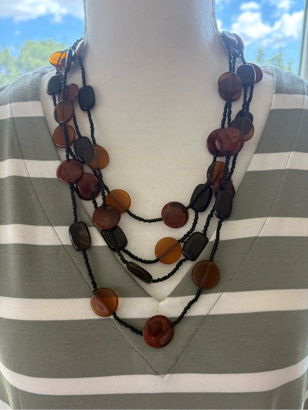Multi-Strand Amber and Brown Bead Necklace - Women Jewelry